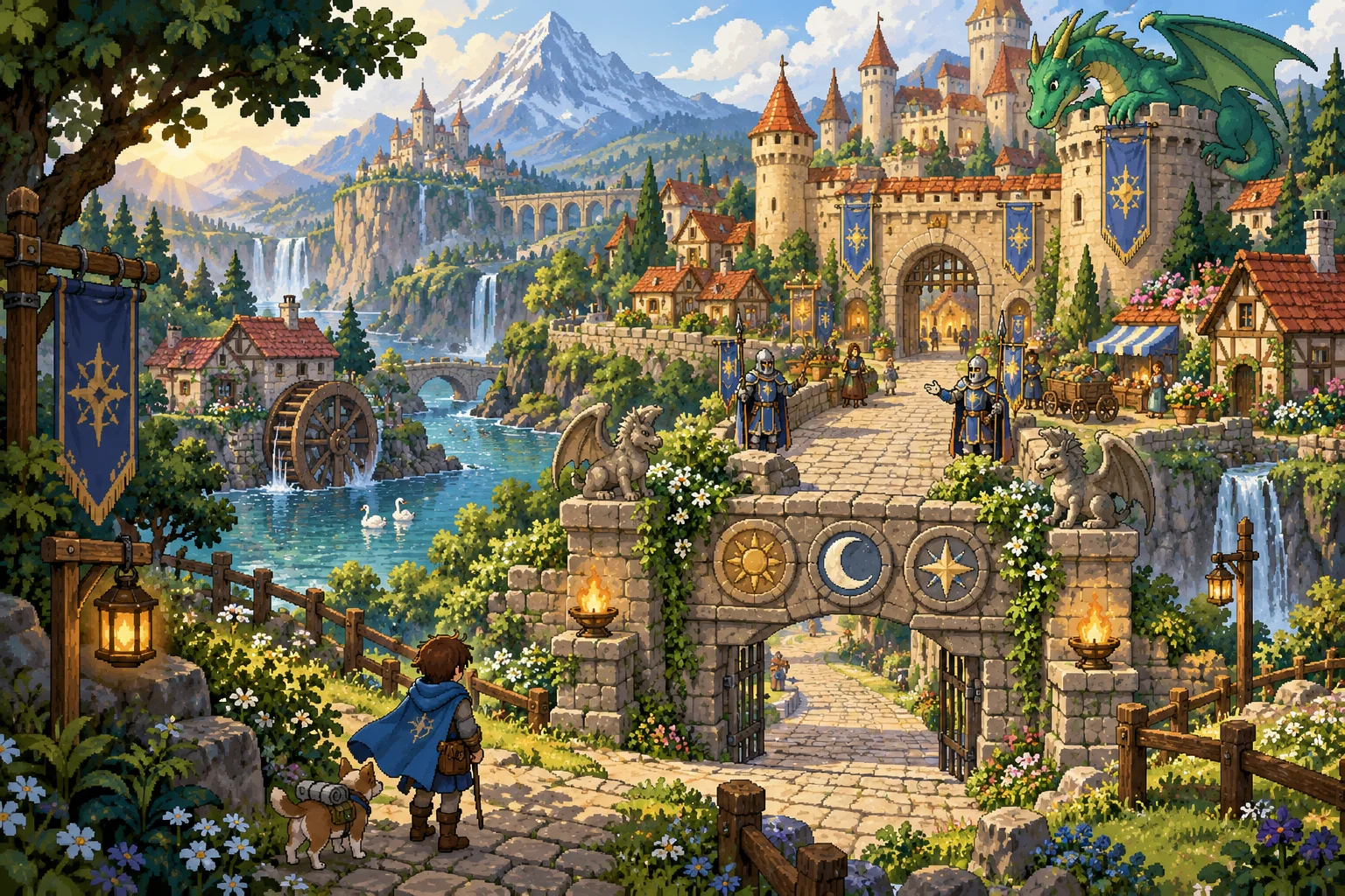 A storybook castle with a friendly dragon